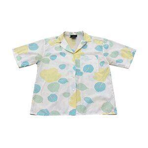 Vintage 90s Mister Leonard Lemon Print Button Up Blouse White Blue Yellow